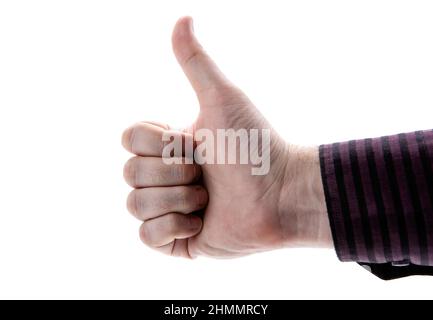 Menschliche Hand zeigt sich wie ein Schild auf weißem Hintergrund Stockfoto