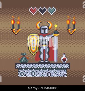 Pixel Art Mittelalterlicher Ritter in der Dungeons-Szene Stock Vektor