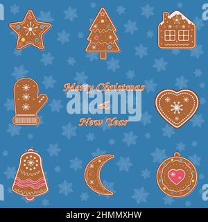 Ein Set aus acht Lebkuchenkeksen mit Sahnehäubchen für weihnachten und Neujahr auf blauem Hintergrund mit Schneeflocken und Text. Stock Vektor