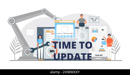 Zeit für die Aktualisierung des Konzeptvektors. App, Websute mit Ladeschild. Kleine Menschen reparieren Web-Anwendung. Stock Vektor