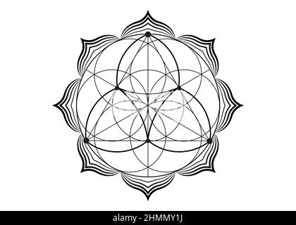 Seed Blume des Lebens Lotus-Symbol, yantra Mandala heilige Geometrie, Tattoo Symbol der Harmonie und Balance. Mystischer Talisman, schwarzer Linienvektor isoliert o Stock Vektor