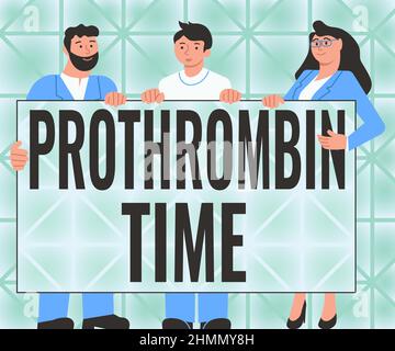 Textschild mit der Prothrombin-Zeit. Konzeptfoto Bewerten Sie Ihre Fähigkeit, Blutgerinnsel angemessen zu bilden drei Kollegen halten Präsentation Stockfoto