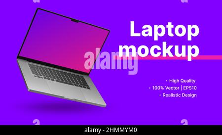 Lila Banner-Vorlage mit realistischem Laptop-Mockup. Vektorgrafik Stock Vektor