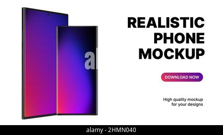 Realistisches Handy-Mockup auf weißem Hintergrund. Minimalistisches Banner mit zwei Smartphone-Modellen. Vektorgrafik Stock Vektor