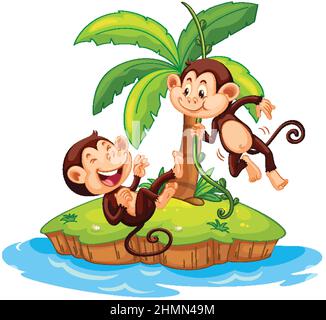 Zwei niedliche Affen Zeichentrickfigur auf isolierte Insel Illustration Stock Vektor