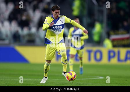 Dusan Vlahovic vom FC Juventus in Aktion beim Coppa Italia-Spiel zwischen dem FC Juventus und uns Sassuolo am 10. Februar 2022 im Allianz Stadium in Turin, Italien. Stockfoto