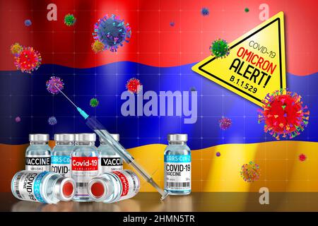 Covid-19 Omicron B.1.1.529 Variantenalarm, Impfprogramm in Armenien - 3D Abbildung Stockfoto