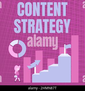 Schreiben, Text anzeigen Content Strategy. Geschäftsidee Erstellen Sie einen Marketingplan mit guten Fotos und Wörtern Geschäftsfrau, die in Richtung eines großen Diagramms geht Stockfoto