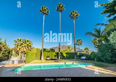 Ein Bild am Pool neben dem Pool in einer Villa mit Palmen und Bergen im Hintergrund Stockfoto