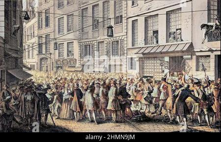 La rue Quincampoix en 1720 a l'epoque du systeme de John Law (1671 - 1729). „L'agiotage a la rue Quincampoix“ (Banqueroute causee par Law). Stockfoto
