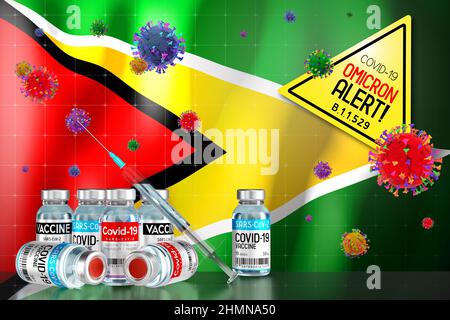 Covid-19 Omicron B.1.1.529 Variantenalarm, Impfprogramm in Guyana - 3D Abbildung Stockfoto