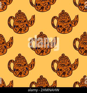 Vintage Teekannen nahtloses Muster. Hintergrund der Teatime im handgezeichneten Stil. Wiederholte Textur im Doodle-Stil für Stoff, Geschenkpapier, Tapete, T Stock Vektor