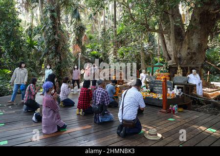 Udon Thani, Thailand. 08th. Februar 2022. Kham Chanod Forest eine schwimmende Matte im Ban Dung Bezirk, Provinz Udon Thani, Thailand am 8. Februar 2022. Sakraler Bereich der Buddhisten in der Legende der Nagaloka. Nach Covid-19-Präventionsmaßnahmen mit Voranmeldung und einer Begrenzung auf 3000 Besucher pro Tag zum Gottesdienst und Besuch geöffnet und müssen den Screening Point durch Nachweis von vollständigen 2 geimpften Testkits oder Tests mit Antigen-Testkits bestehen und keine Infektion festgestellt haben. (Foto: Adirach Toumlamoon/Pacific Press/Sipa USA) Quelle: SIPA USA/Alamy Live News Stockfoto