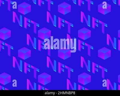 NFT-Token isometrischer Text mit nahtlosem Würfelmuster. Nicht fungibler NFT-Token. Digitale Kunst in der Blockchain-Technologie. Design für Banner und Werbezwecke Stock Vektor