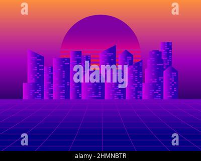 Sci-Fi City mit Retro-Sonnenuntergang 80s. Stadtbild mit Virtual-Reality-Gitter. Stadt mit Wolkenkratzern in der Metaverse. Synthwave-Style. Design für Banner und Stock Vektor