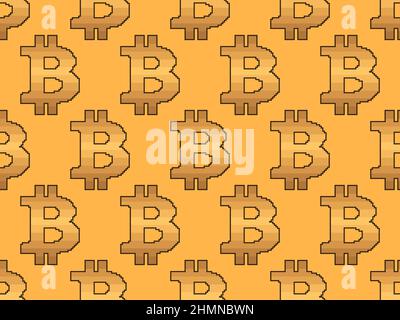 Bitcoin Zeichen nahtlose Muster in Pixel Art Stil. 8-Bit Bitcoin-Zeichen von Pixeln in 2D isoliert auf goldenem Hintergrund. Kryptowährung, Blockchain. Vect Stock Vektor