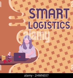 Text mit Inspiration Smart Logistics. Konzept bedeutet Integration von intelligenter Technologie in Logistiksystem Frau sitzt mit Laptop Online Stockfoto