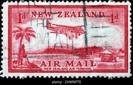 Vintage Luftpost Briefmarke aus Neuseeland Stockfoto