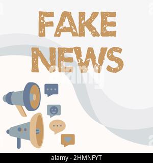 Hand schreiben Zeichen Fake News. Geschäftskonzept falsch unbegründete Informationen Hoax Illustration von Hand Holding Megaphon mit Sonnenstrahl machen Stockfoto
