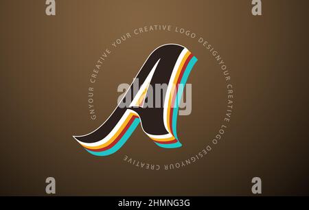 Buchstabe Ein Logo mit Retro-Pop-Art-Design. Handgeschriebener Brief mit Vintage-Schrift und abgerundetem Textrahmen. Retro-Schrift. Vektorschriftdarstellung. Stock Vektor