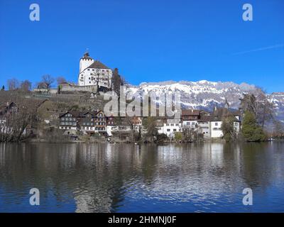 Werdenberg, Schweiz 26. Februar 2019 hübscher kleiner See an einem blauen Himmel Stockfoto