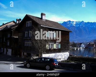 Werdenberg, Schweiz 26. Februar 2019 traditionelle Gebäude an einem historischen Ort an einem sonnigen Tag Stockfoto