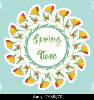 Illustration mit buntem Frühlingsaufkleber mit Blumen. Blumenkranz mit Text Frühling. Emblem mit Blumen. Schöner Frühlingshintergrund Stock Vektor