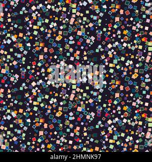 Nahtlose Muster-Konsistrimmings und Quadrate innen. Abstrakter Hintergrund der Konfetti-Explosion auf Schwarz. Geometrische Textur für Urlaubsgestaltung, Banner, Stock Vektor