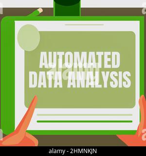 Konzeptionelle Darstellung automatisierte Datenanalyse. Wort für automatische Entscheidungsfindung auf Basis von Big Data Illustration einer Hand mit der Suche nach Big Tablet Stockfoto