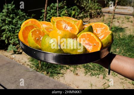 Weibliche Platte von halb geschnittenem Orange, Malta Früchte in Scheiben geschnitten, um den Saft zu nehmen Stockfoto