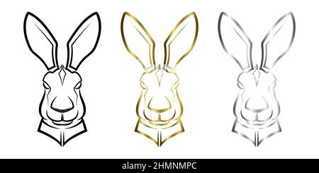 Dreifarbige schwarze Gold- und silberne Linienkunst des Hasenkopfes. Gute Verwendung für Symbol, Maskottchen, Symbol, Avatar, Tattoo, T-Shirt-Design, Logo oder ein beliebiges Design. Stock Vektor