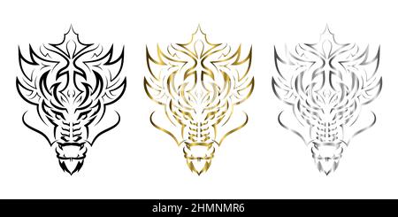 Dreifarbige schwarze Gold- und Silberlinie Kunst des Drachenkopfes. Gute Verwendung für Symbol, Maskottchen, Symbol, Avatar, Tattoo, T-Shirt-Design, Logo oder ein beliebiges Design. Stock Vektor