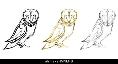 Drei Farben schwarz Gold und Silber Linie Kunst der Eule gute Verwendung für Symbol Maskottchen Symbol Avatar Tattoo T Shirt Design Logo oder jedes Design, das Sie wollen Stock Vektor