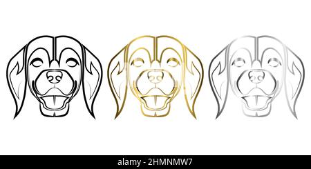 Drei Farben schwarz Gold und Silber Linie Kunst der Vorderseite des Beagle Hundekopf gute Verwendung für Symbol Maskottchen Symbol Avatar Tattoo T Shirt Design Logo oder ein Stock Vektor