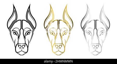 Drei Farben schwarz Gold und Silber Linie Kunst von Dobermann Pinscher Hundekopf gute Verwendung für Symbol, Maskottchen Symbol Avatar Tattoo T Shirt Design Logo oder eines der Stock Vektor
