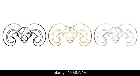 Drei Farben schwarz Gold und Silber Linie Kunst der Barbaren Schafkopf. Gute Verwendung für Symbol, Maskottchen, Symbol, Avatar, Tattoo, T-Shirt-Design, Logo oder ein beliebiges Design Stock Vektor