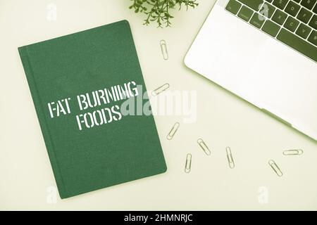 Schild mit fettverbrennenden Lebensmitteln. Wort für bestimmte Arten von Lebensmitteln verbrennen Kalorien, wie Sie sie kauen Bürobedarf über dem Schreibtisch mit Tastatur und Brille Stockfoto