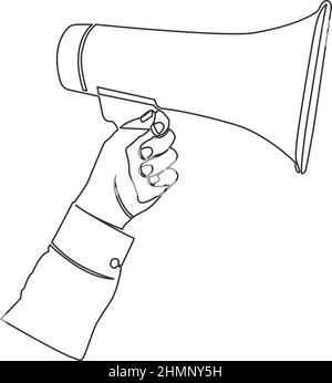 Einzeilige Zeichnung des Hand haltenden Megaphons, fortlaufende Linienvektordarstellung Stock Vektor
