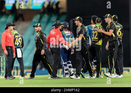 Sydney, Australien. 11th. Februar 2022. Australien feiert am 11. Februar 2022 auf dem Sydney Cricket Ground in Sydney, Australien, das erste Spiel der internationalen Serie T20 zwischen Australien und Sri Lanka. (Nur für redaktionelle Verwendung) Credit: Izhar Ahmed Khan/Alamy Live News/Alamy Live News Stockfoto