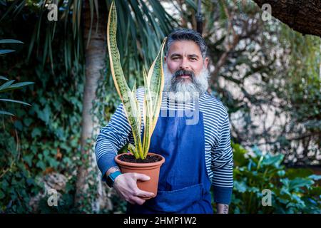 Mann mittleren Alters, der sich im Garten um seine Pflanzen kümmert Stockfoto