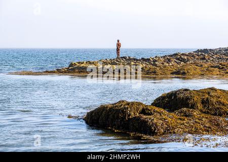 GREIFEN Sie eine gusseiserne Skulptur von Anthony Gormley mit Blick auf den Kilbrannan Sound in der Nähe von Saddell auf der Kintyre Peninsula, Argyll & Bute, Schottland, Großbritannien Stockfoto