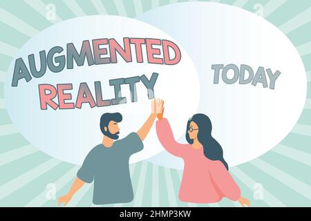 Textschild mit Augmented Reality. Konzept bedeutet interaktive Erfahrung einer realen Umgebung glückliche Kollegen Illustration Giving High Fives Stockfoto