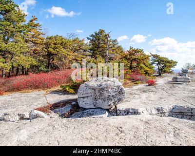 Herbstansicht der Shawanagunk Mountains, New Paltz, NJ USA. The Gunks. Stockfoto