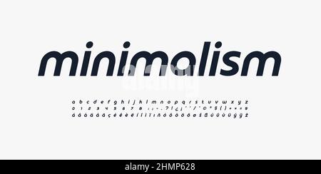 Minimalismus sans serif Schriftart, schlanker Schriftsatz, ruhiges abgerundetes Alphabet. Kleinbuchstaben mit mehrsprachiger Abdeckung, Zahlen, Satzzeichen. Vektor Stock Vektor