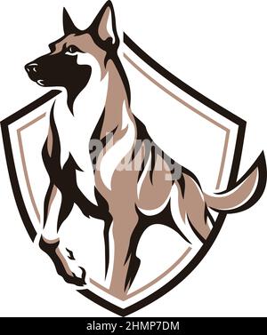 Schild-Logo mit belgischem Malinois (Schäferhund) Hund Stock Vektor