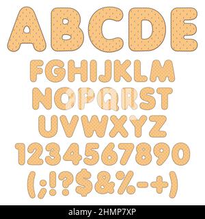 Alphabet, Buchstaben, Zahlen und Zeichen aus gemeißelten Cookies. Satz farbiger isolierter Vektorobjekte auf weißem Hintergrund. Stock Vektor