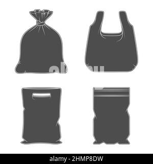 Set mit schwarzen und weißen Illustrationen mit Plastikverpackungen, Taschen. Isolierte Vektorobjekte auf weißem Hintergrund. Stock Vektor