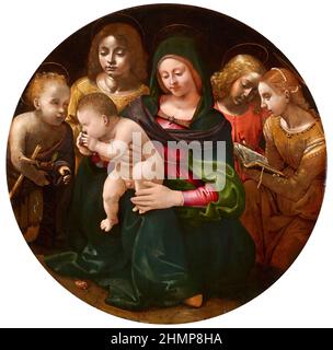 Jungfrau und Kind mit dem jungen Heiligen Johannes dem Täufer, Heilige Cecilia und Engel des italienischen Renaissance-Malers Piero di Cosimo (1462-1522), Öl auf Pappeltafel, c. 1505 Stockfoto