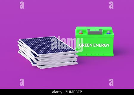 Auto-Batterie mit Beschriftung grüne Energie in der Nähe von Solarzellen. Umweltfreundlicher Strom. Neue Technologien. Umweltschutz. 3D ren Stockfoto