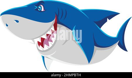 Der niedliche Hai-Charakter zeigt seinen Kiefer mit gefährlichem Lächeln Stock Vektor